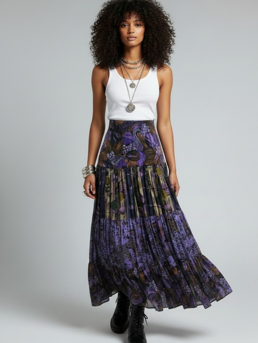 Jackelen 90s Tiered Maxi Skirt In Purple And Brown Size XL